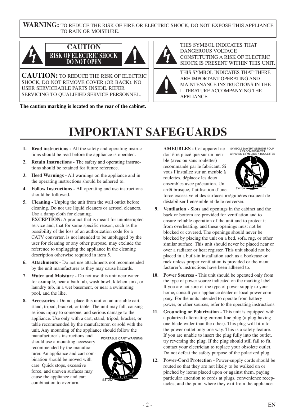 Important safeguards, Caution, Caution risk of electric shock do not open | Warning | Sylvania 6724DF User Manual | Page 2 / 56