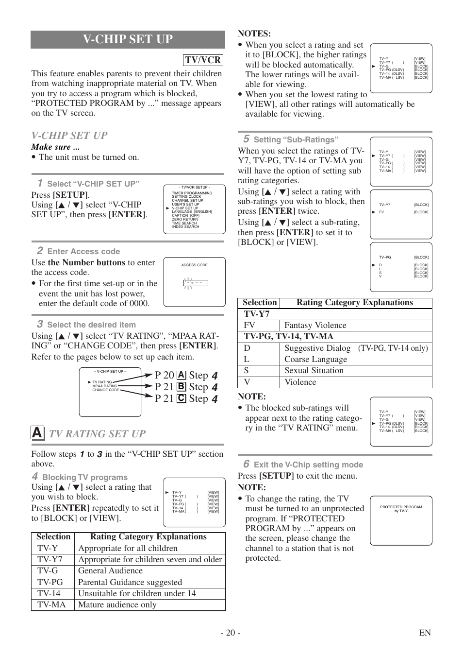 V-chip set up, Tv rating set up, Tv/vcr | Make sure, The unit must be turned on, Use the number buttons to enter the access code, 20 - en, Ab c | Sylvania 6724DF User Manual | Page 20 / 56