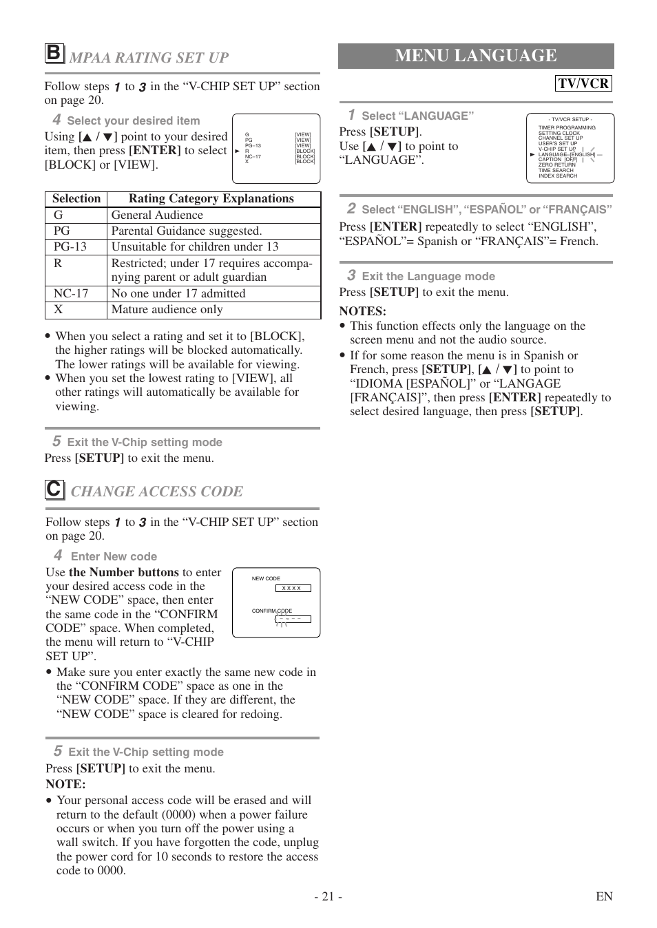 Menu language, Change access code, Mpaa rating set up | Tv/vcr | Sylvania 6724DF User Manual | Page 21 / 56