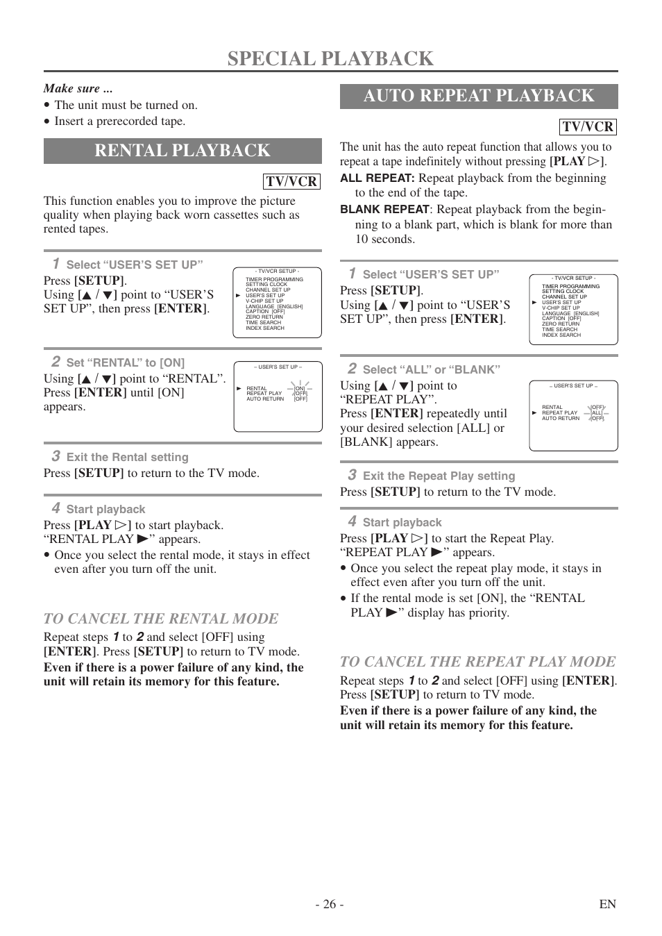 Special playback, Rental playback, Auto repeat playback | Tv/vcr | Sylvania 6724DF User Manual | Page 26 / 56