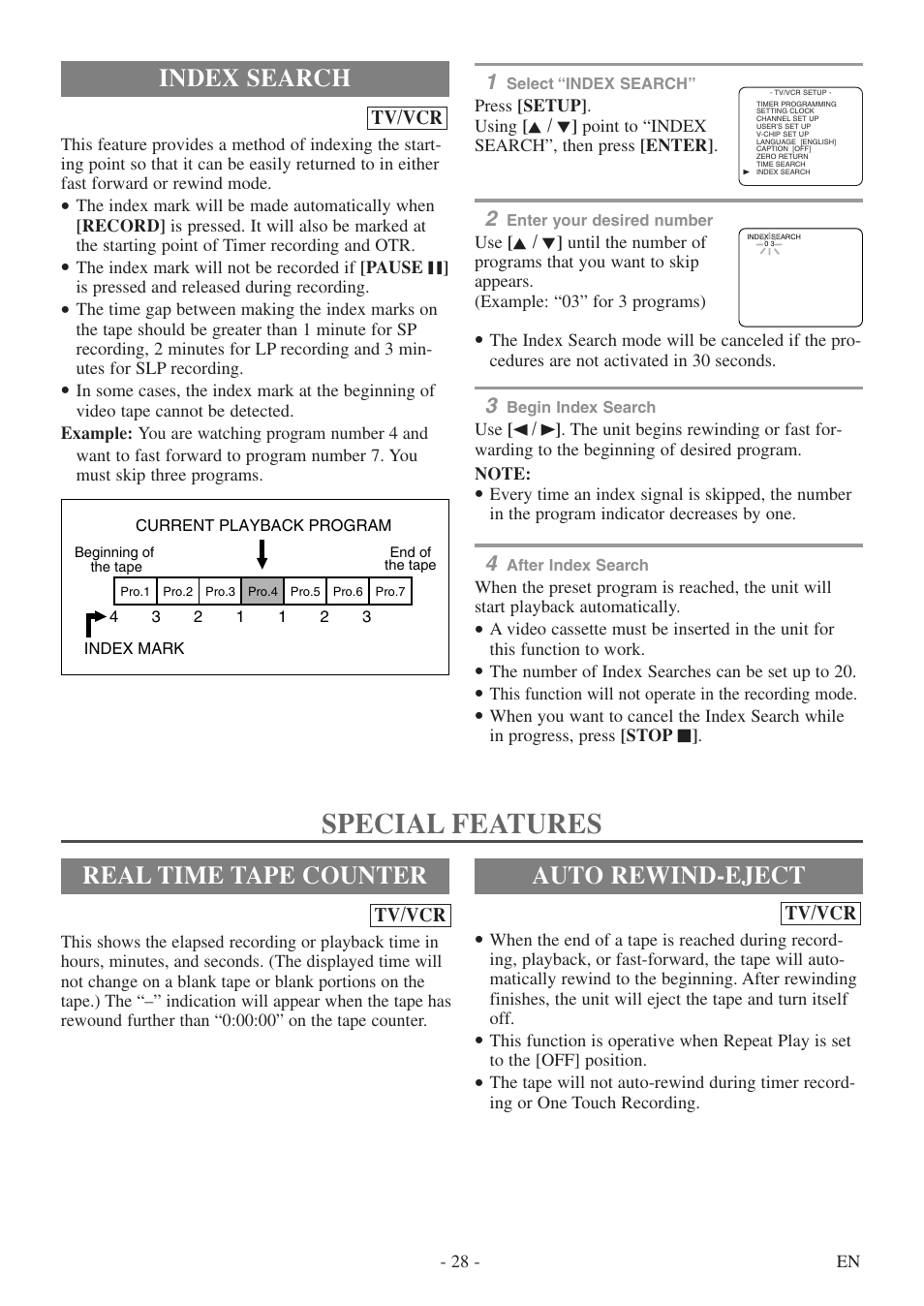 Special features, Real time tape counter auto rewind-eject, Index search | Sylvania 6724DF User Manual | Page 28 / 56