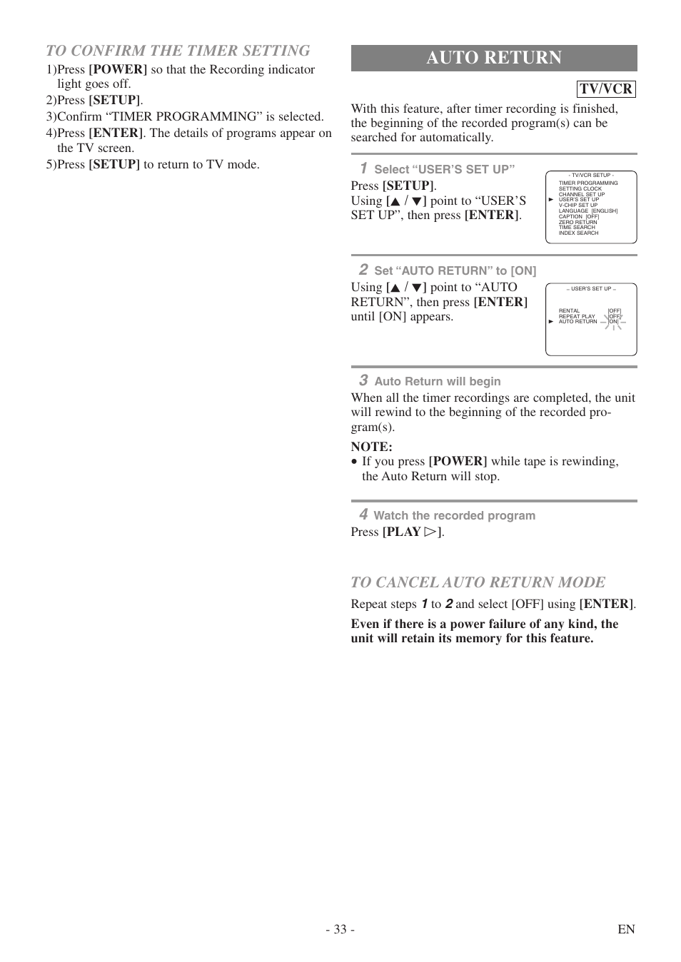 Auto return, Tv/vcr | Sylvania 6724DF User Manual | Page 33 / 56