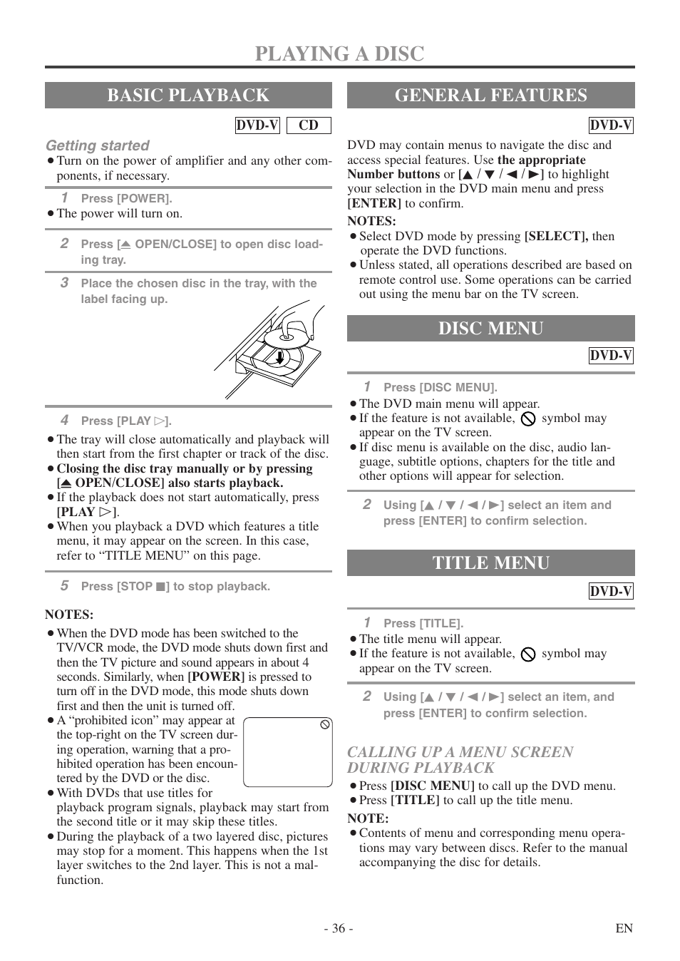 Playing a disc, Basic playback, General features | Title menu, Disc menu, Calling up a menu screen during playback | Sylvania 6724DF User Manual | Page 36 / 56