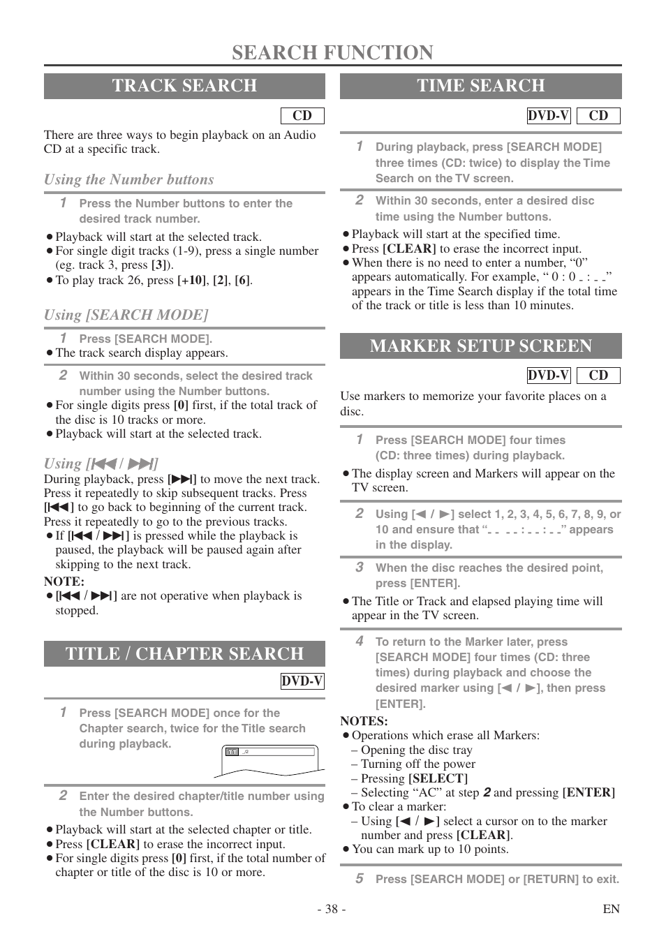 Search function, Track search, Title / chapter search | Time search, Marker setup screen, Using the number buttons, Using [search mode, Using [ h h / g g | Sylvania 6724DF User Manual | Page 38 / 56