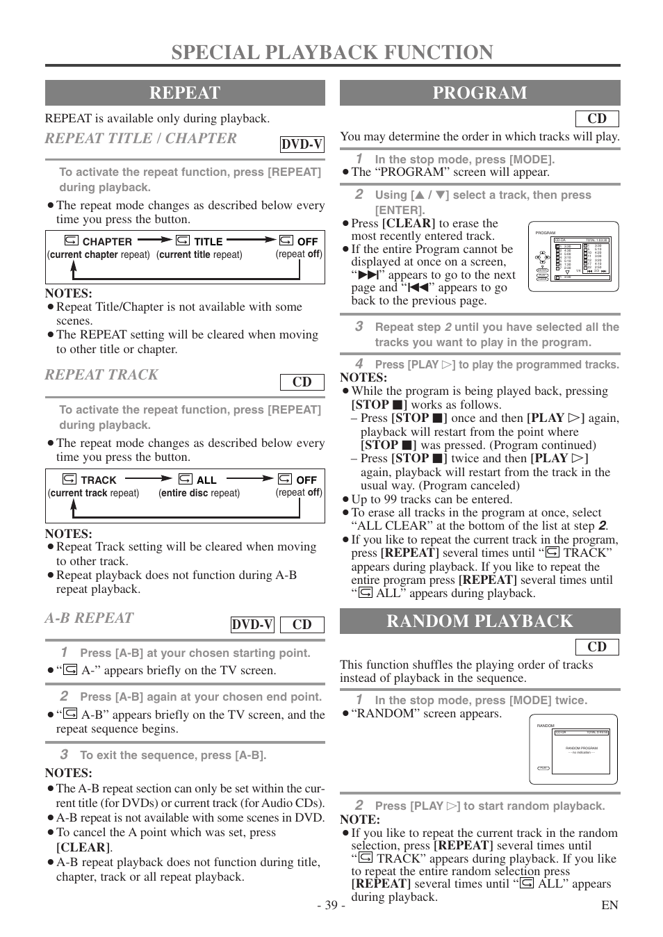 Special playback function, Repeat, Program | Random playback, Repeat title / chapter, Repeat track, A-b repeat, Dvd-v, Cd dvd-v | Sylvania 6724DF User Manual | Page 39 / 56