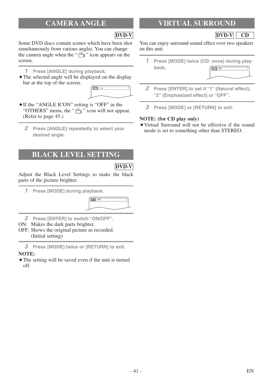 Camera angle, Black level setting, Virtual surround | Sylvania 6724DF User Manual | Page 41 / 56