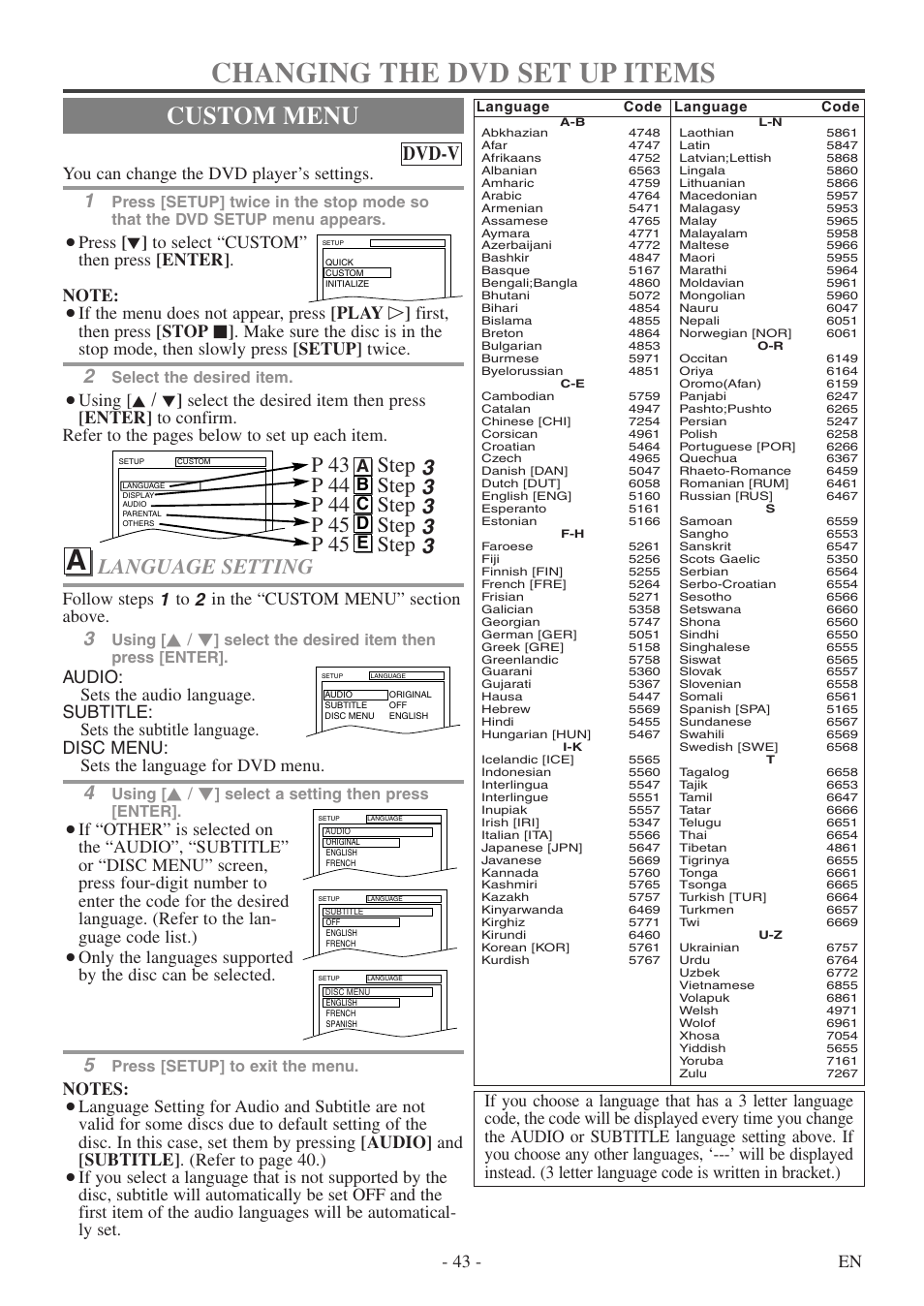 Changing the dvd set up items, Custom menu, Language setting | Dvd-v, 43 - en, You can change the dvd player’s settings, Ab c d e, Select the desired item, Using, Select the desired item then press [enter | Sylvania 6724DF User Manual | Page 43 / 56