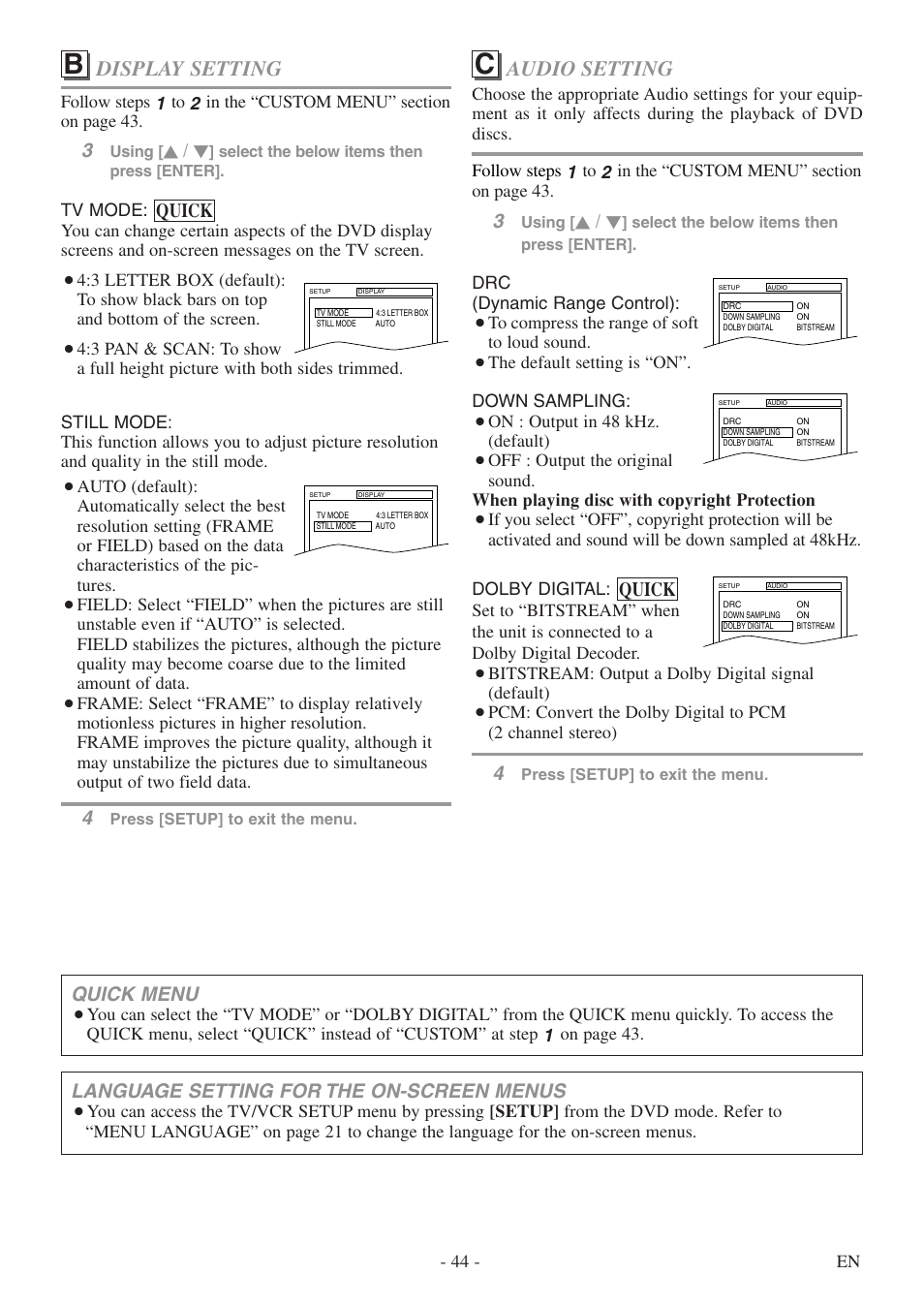 Audio setting, Display setting, Quick | Language setting for the on-screen menus, Quick menu | Sylvania 6724DF User Manual | Page 44 / 56