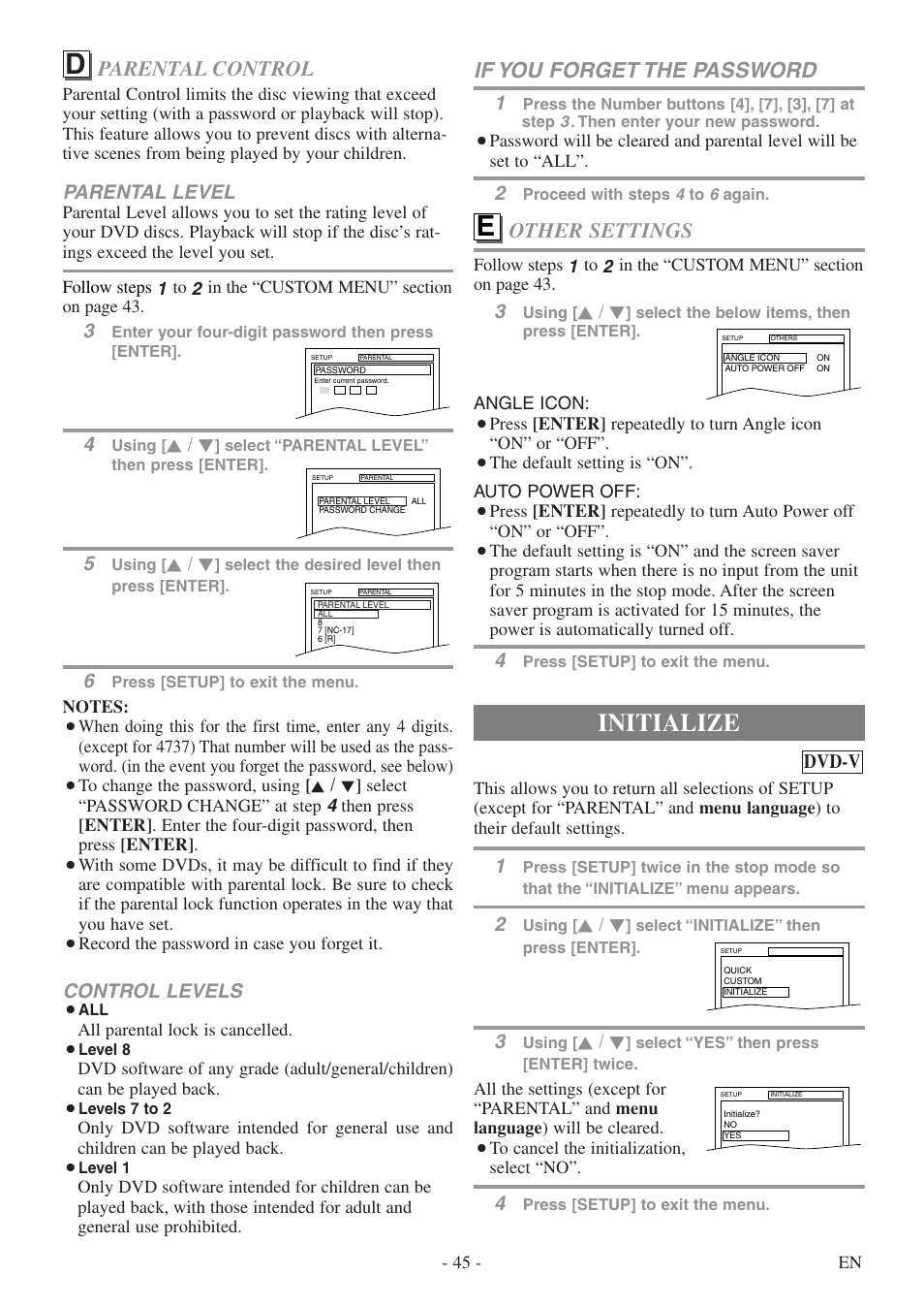 Initialize, Parental control, If you forget the password | Other settings, Parental level, Control levels, Dvd-v | Sylvania 6724DF User Manual | Page 45 / 56