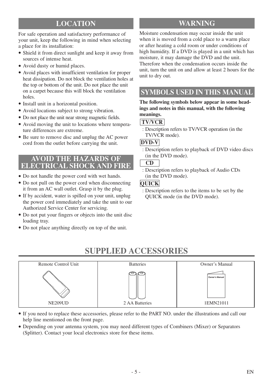 Supplied accessories, Warning, Symbols used in this manual | Sylvania 6724DF User Manual | Page 5 / 56