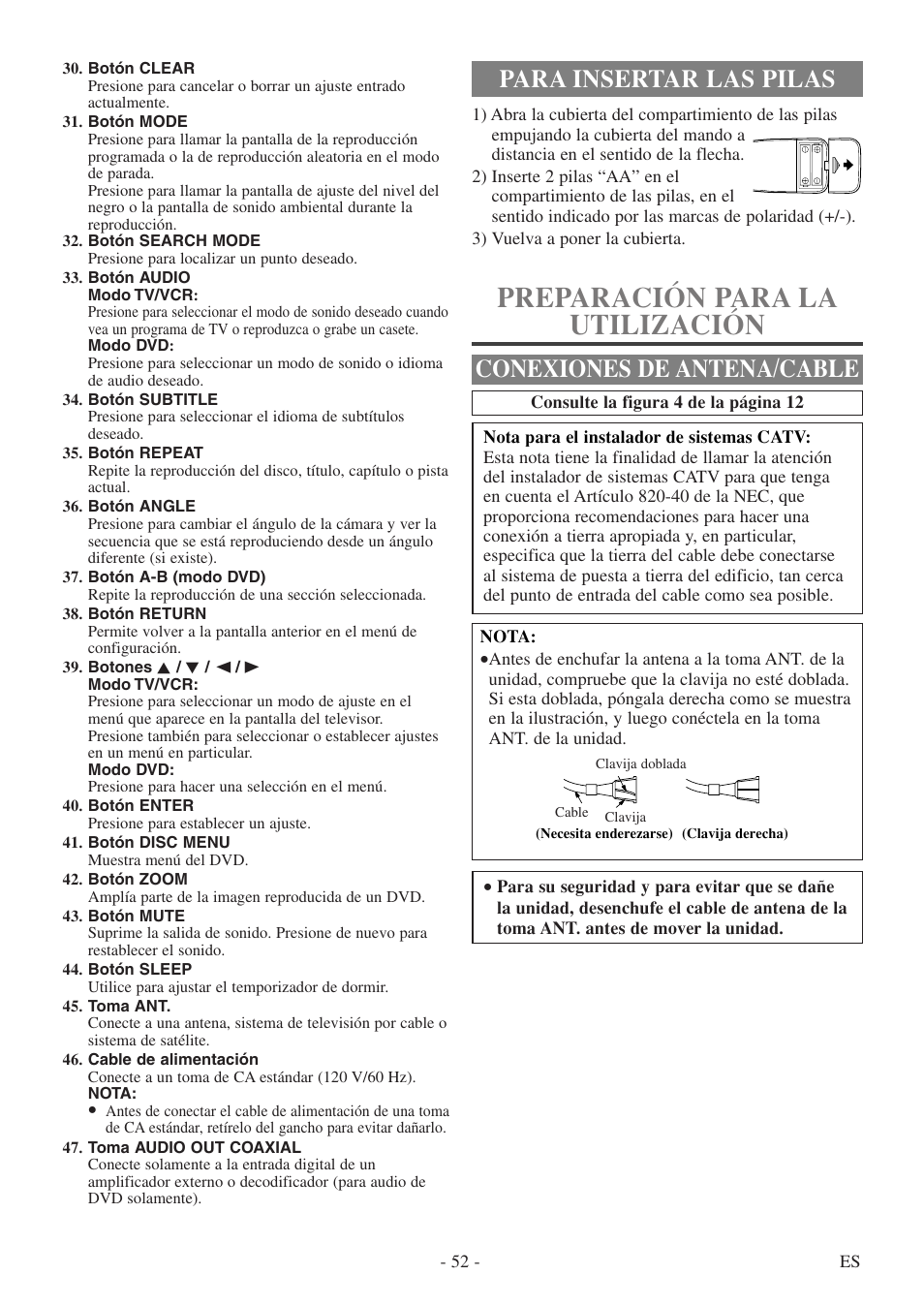Preparación para la utilización, Para insertar las pilas, Conexiones de antena/cable | Sylvania 6724DF User Manual | Page 52 / 56
