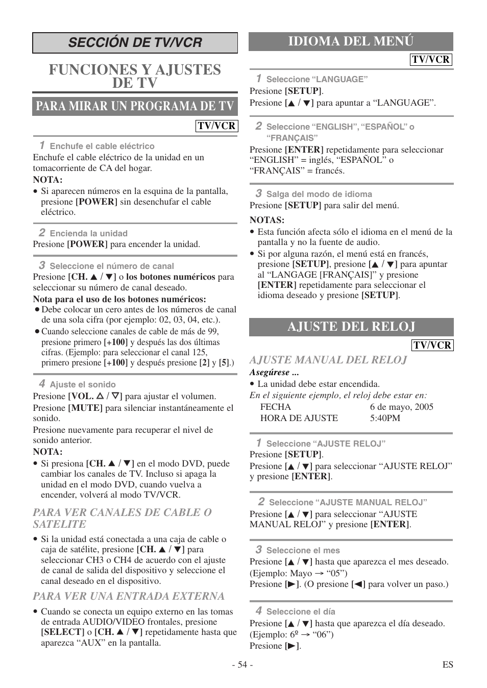 Funciones y ajustes de tv, Idioma del menú, Sección de tv/vcr para mirar un programa de tv | Ajuste del reloj | Sylvania 6724DF User Manual | Page 54 / 56