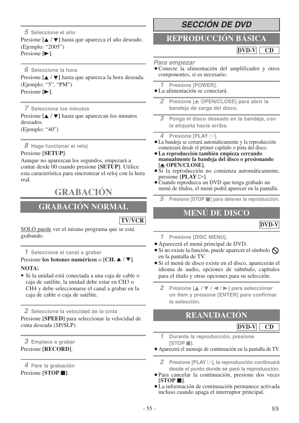 Grabación, Sección de dvd reproducción básica, Grabación normal menú de disco | Reanudación | Sylvania 6724DF User Manual | Page 55 / 56