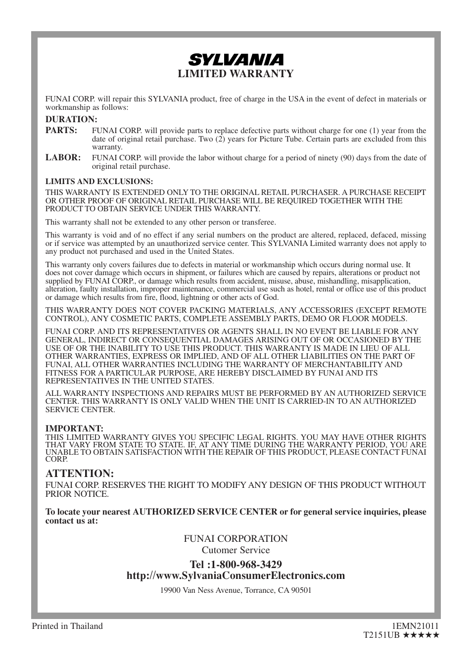 Limited warranty, Attention | Sylvania 6724DF User Manual | Page 56 / 56