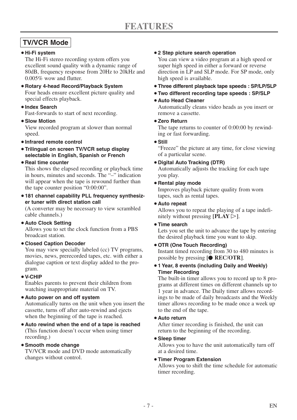 Features, Tv/vcr mode | Sylvania 6724DF User Manual | Page 7 / 56