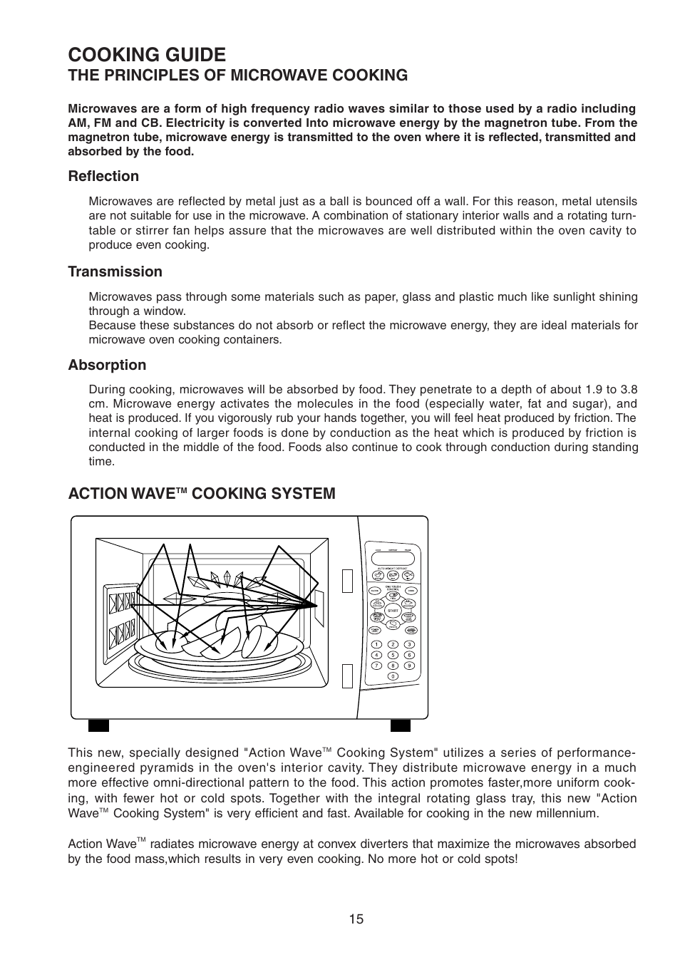 Cooking guide, The principles of microwave cooking, Action wave | Cooking system | Sylvania SM81015 User Manual | Page 18 / 25