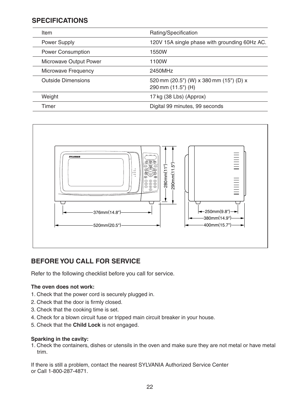 Before you call for service, Specifications | Sylvania SM81015 User Manual | Page 25 / 25
