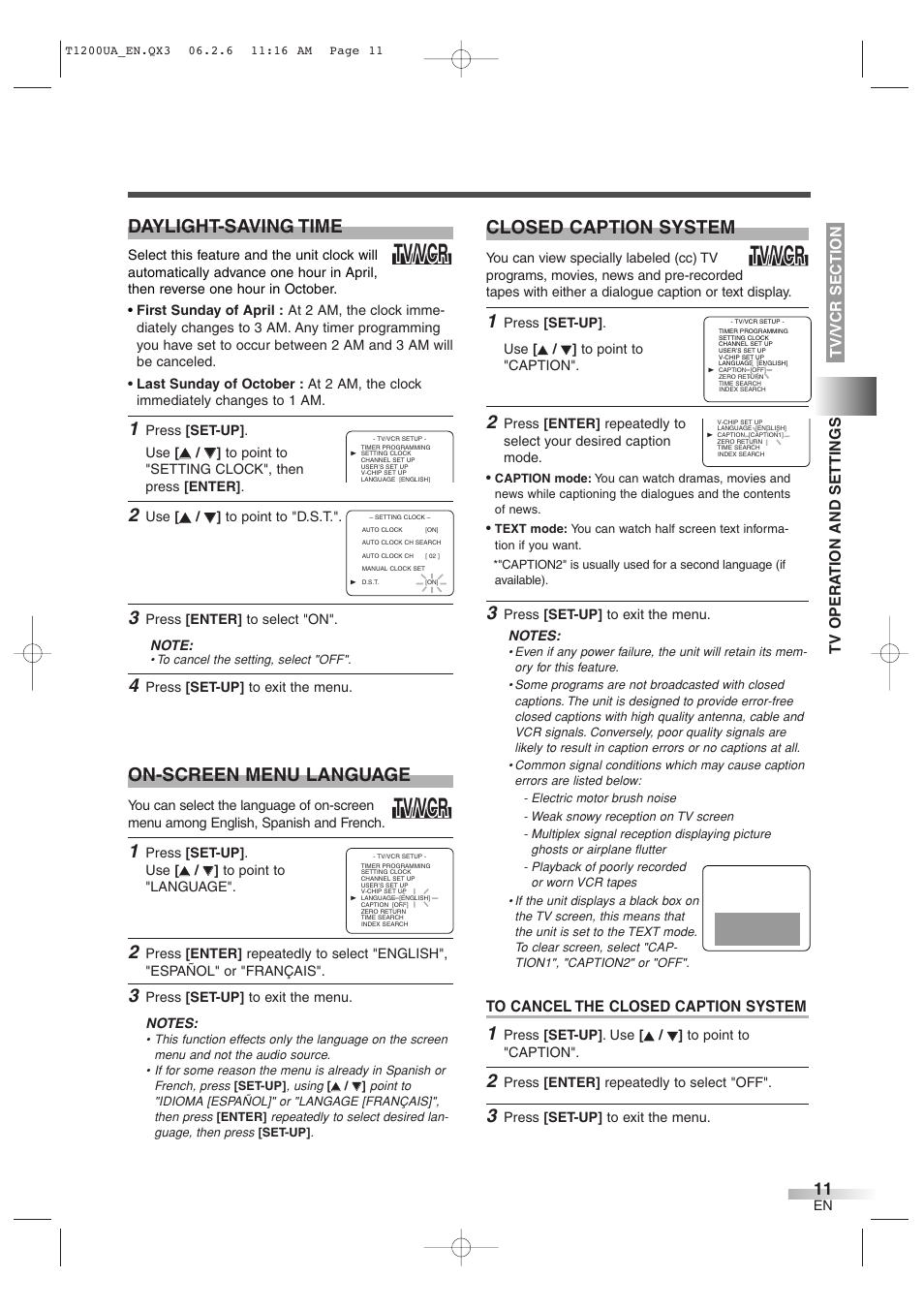 Tv/vcr, Closed caption system, Daylight-saving time | On-screen menu language | Sylvania 6720FDG User Manual | Page 11 / 44