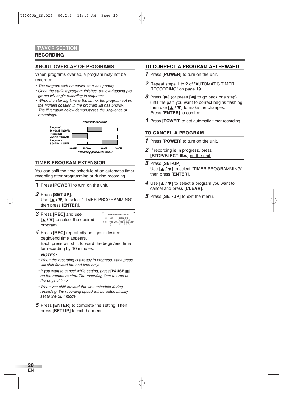 Timer program extension, About overlap of programs | Sylvania 6720FDG User Manual | Page 20 / 44