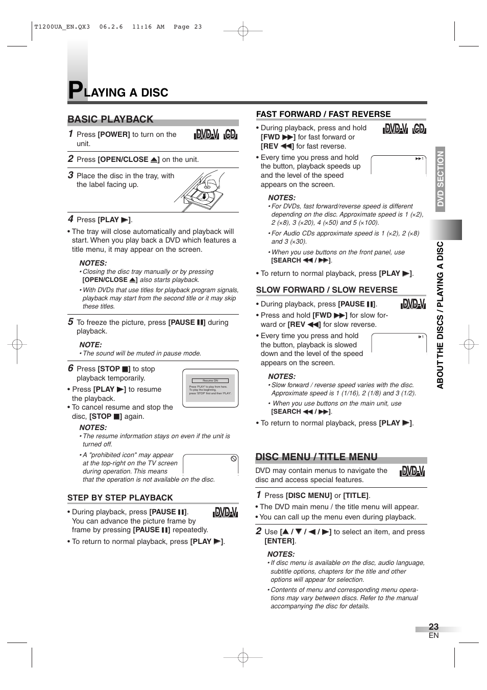 Laying a disc, Basic playback, Disc menu / title menu | Sylvania 6720FDG User Manual | Page 23 / 44