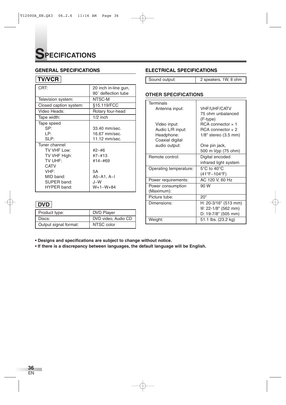 Pecifications, Tv/vcr | Sylvania 6720FDG User Manual | Page 36 / 44