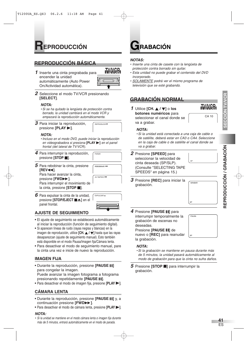 Tv/vcr, Eproducción, Rabación | Grabación normal, Reproducción básica | Sylvania 6720FDG User Manual | Page 41 / 44