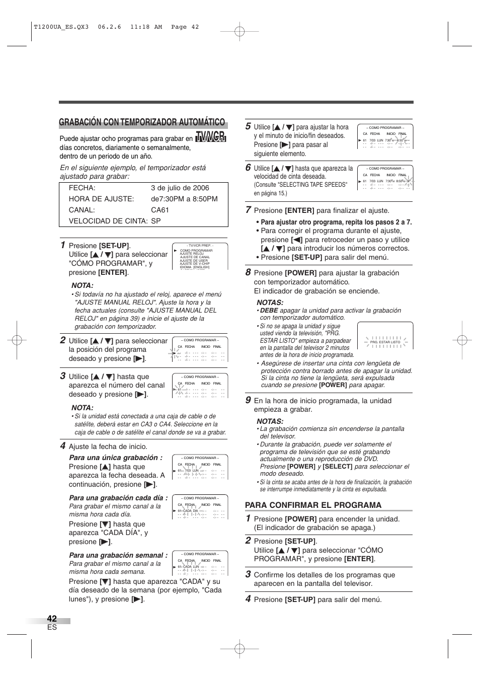 Tv/vcr, Grabación con temporizador automático, Para confirmar el programa | Utilice, Hasta que aparezca la velocidad de cinta deseada, Presione [set-up] . utilice, Presione [set-up] para salir del menú, Presione | Sylvania 6720FDG User Manual | Page 42 / 44