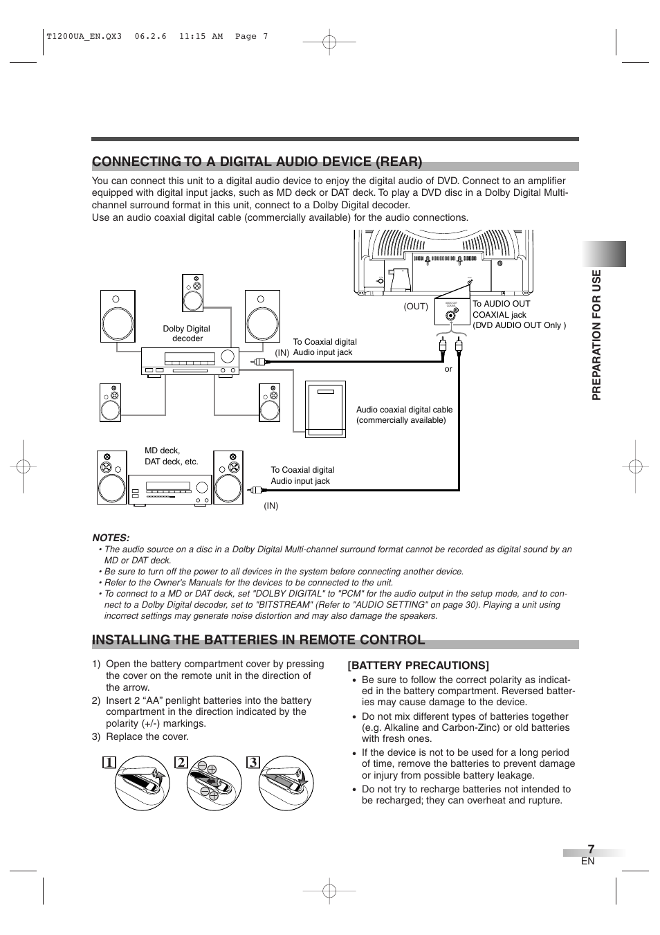 Connecting to a digital audio device (rear), 21 3 installing the batteries in remote control | Sylvania 6720FDG User Manual | Page 7 / 44