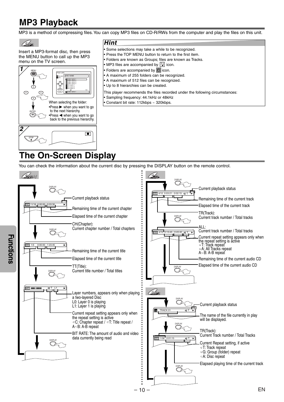 Mp3 playback, The on-screen display, Functions | Hint | Sylvania DVL100E User Manual | Page 10 / 20