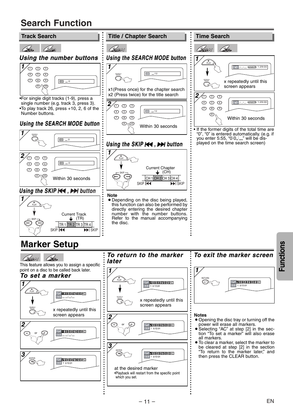 Search function, Marker setup, Functions | Using the search, Using the search mode mode b b utton utton 1 1, Using the n, Using the n umber b umber b uttons uttons, Using the search mode mode b b utton utton, Using the skip, Time search | Sylvania DVL100E User Manual | Page 11 / 20