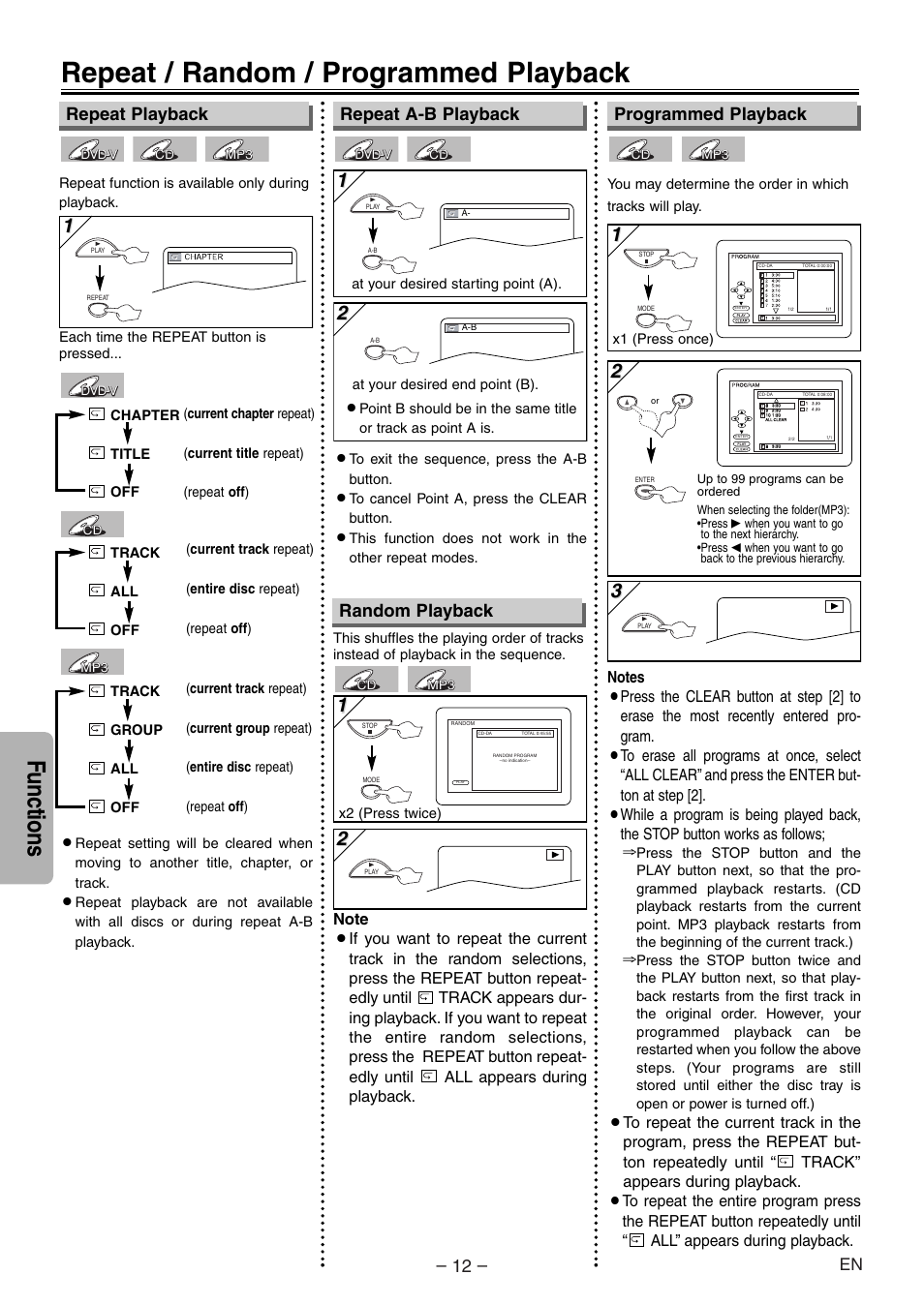 Repeat / random / programmed playback, Functions, Repeat playback programmed playback | Repeat a-b playback, Random playback | Sylvania DVL100E User Manual | Page 12 / 20