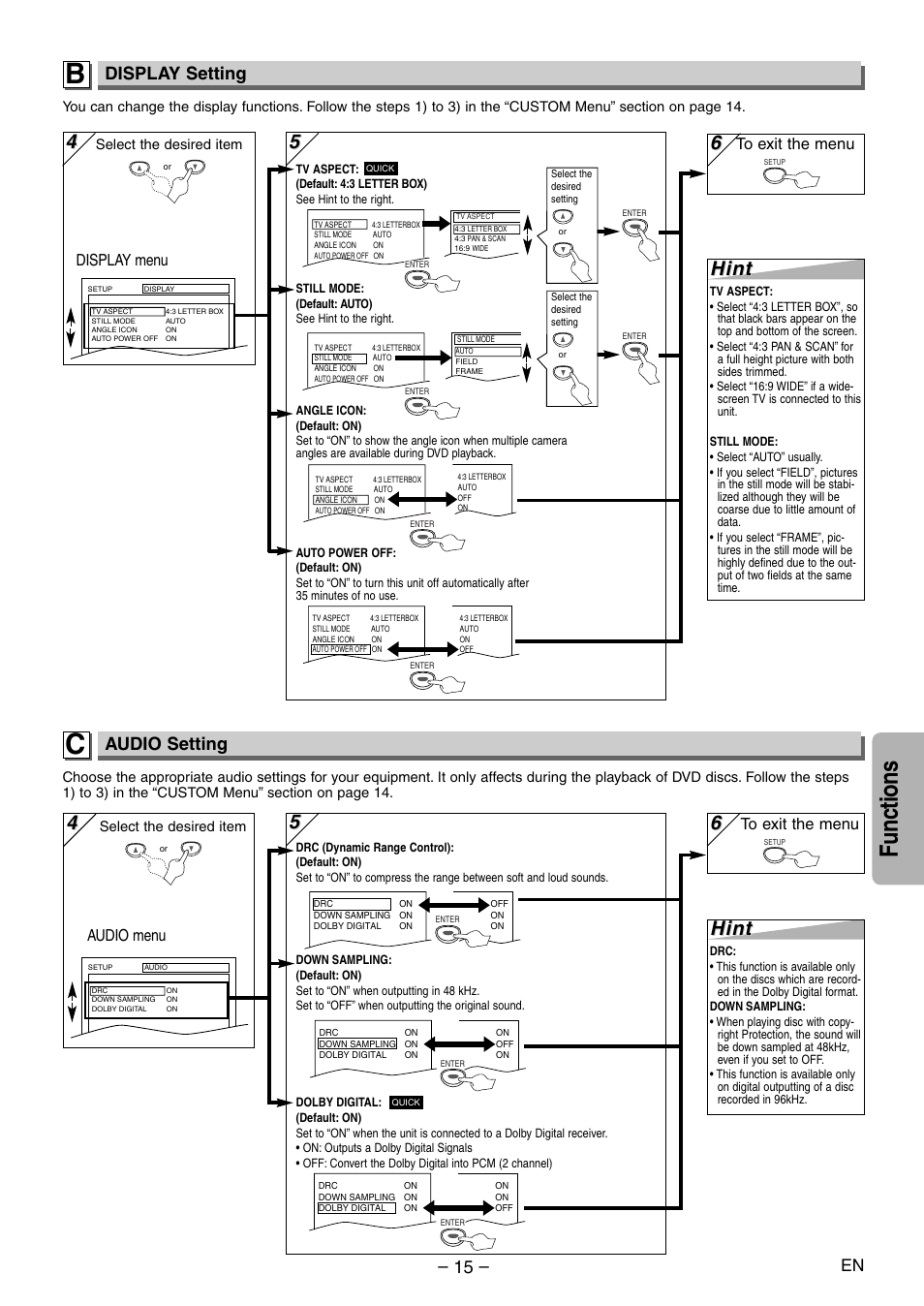 Functions, Hint, Display setting | Audio setting, Display menu, Audio menu | Sylvania DVL100E User Manual | Page 15 / 20