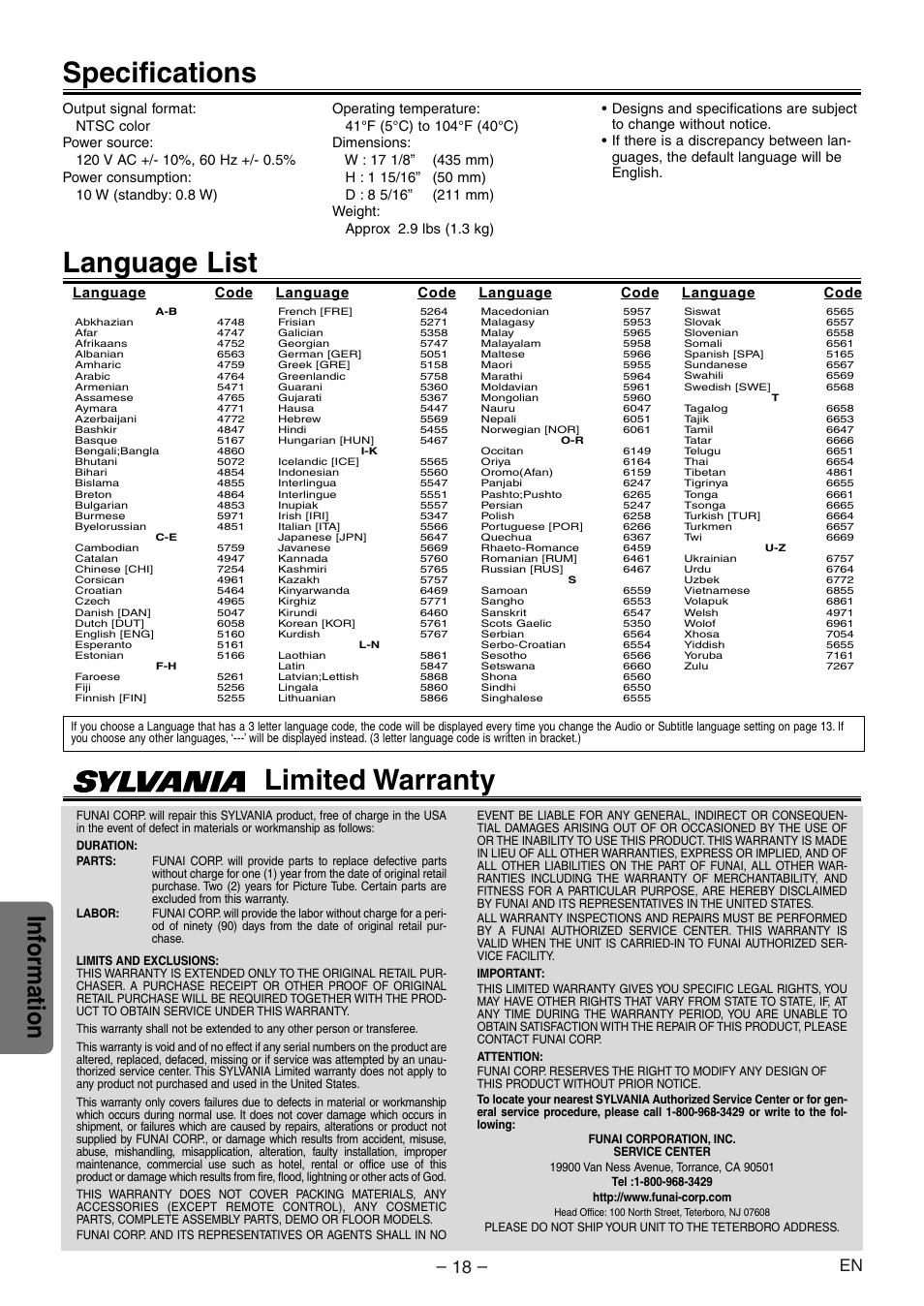 Language list, Specifications, Limited warranty | Inf ormation | Sylvania DVL100E User Manual | Page 18 / 20