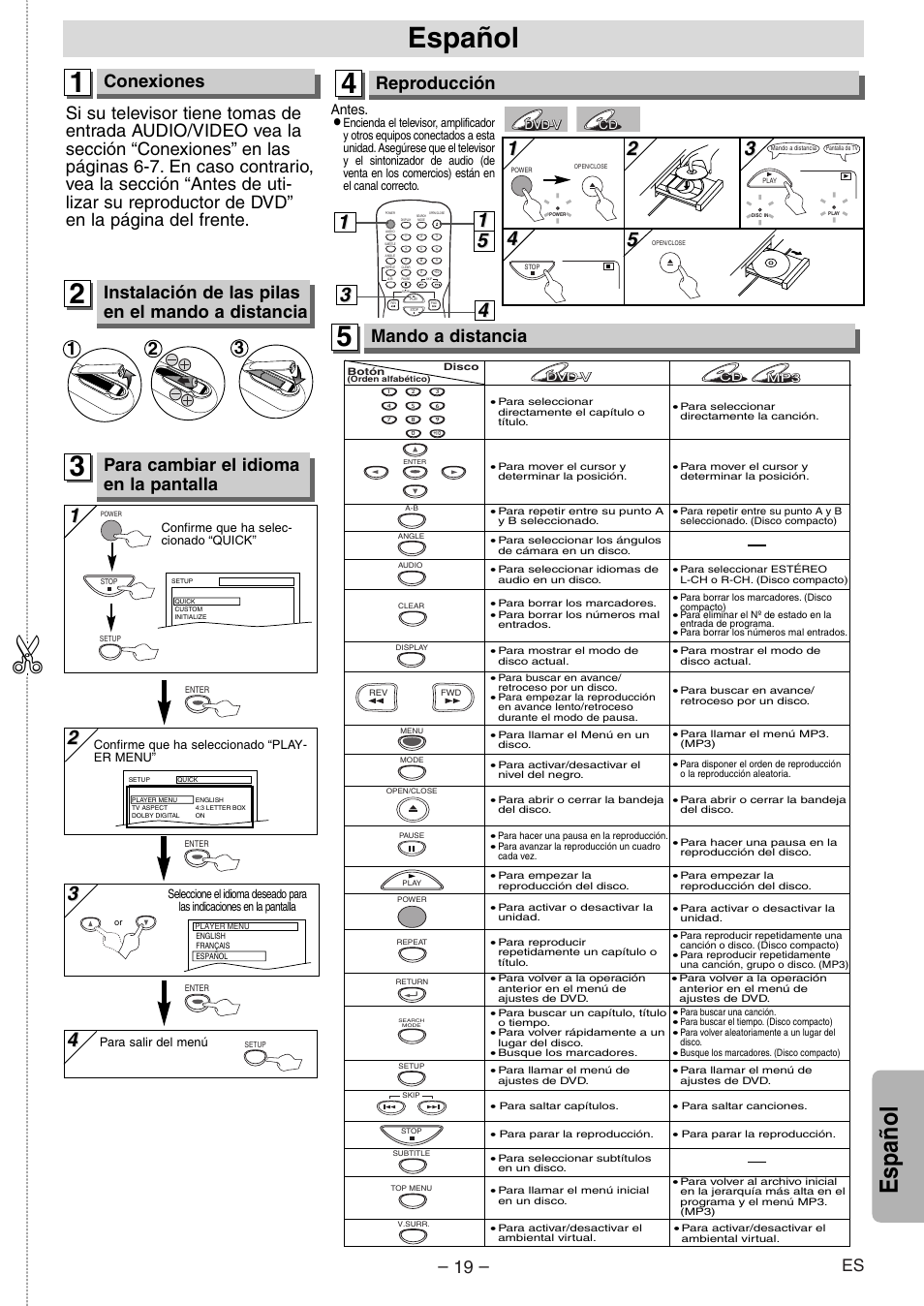 Español, Conexiones, Para cambiar el idioma en la pantalla | Reproducción, Mando a distancia, Instalación de las pilas en el mando a distancia | Sylvania DVL100E User Manual | Page 19 / 20