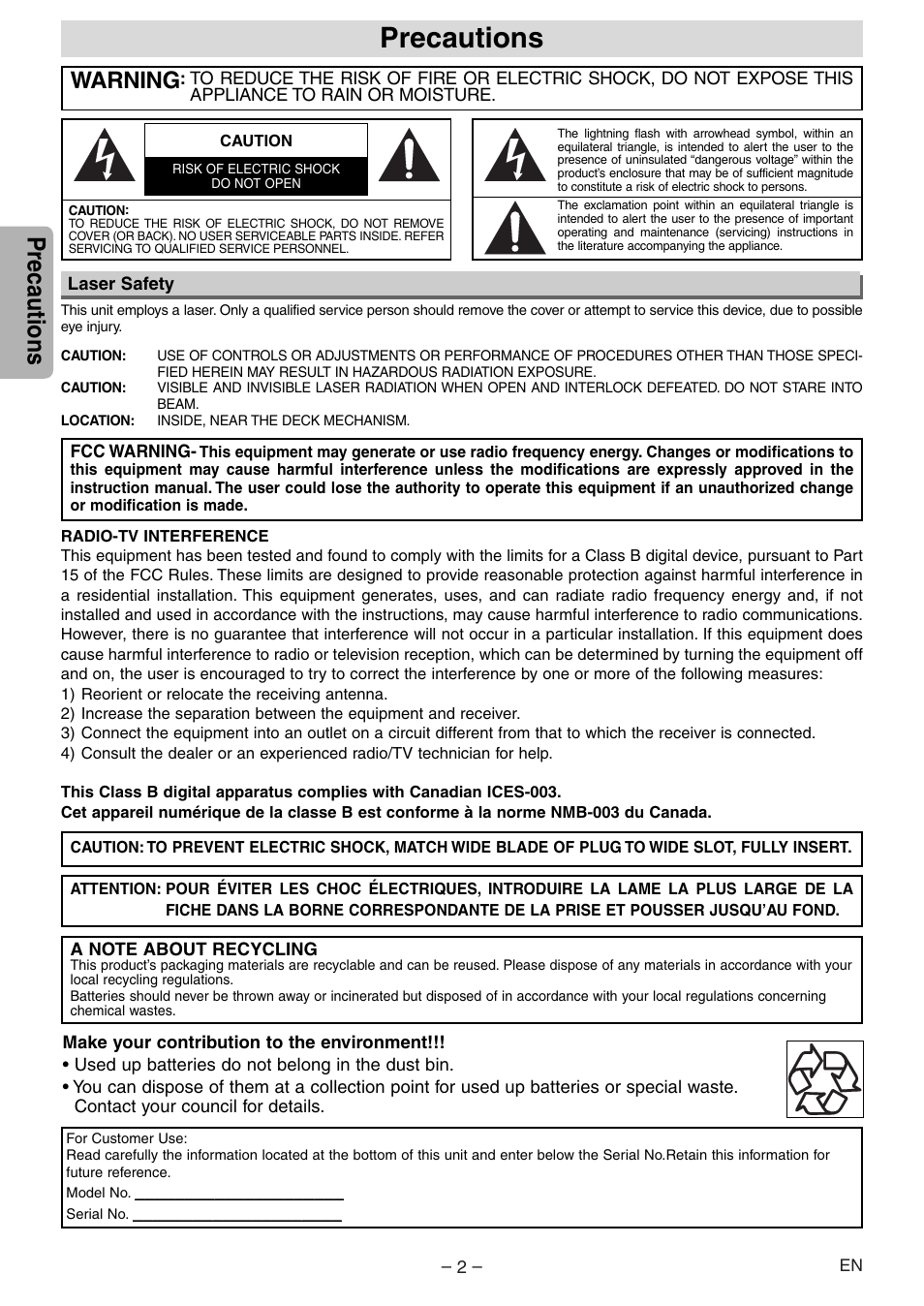 Precautions, Warning | Sylvania DVL100E User Manual | Page 2 / 20