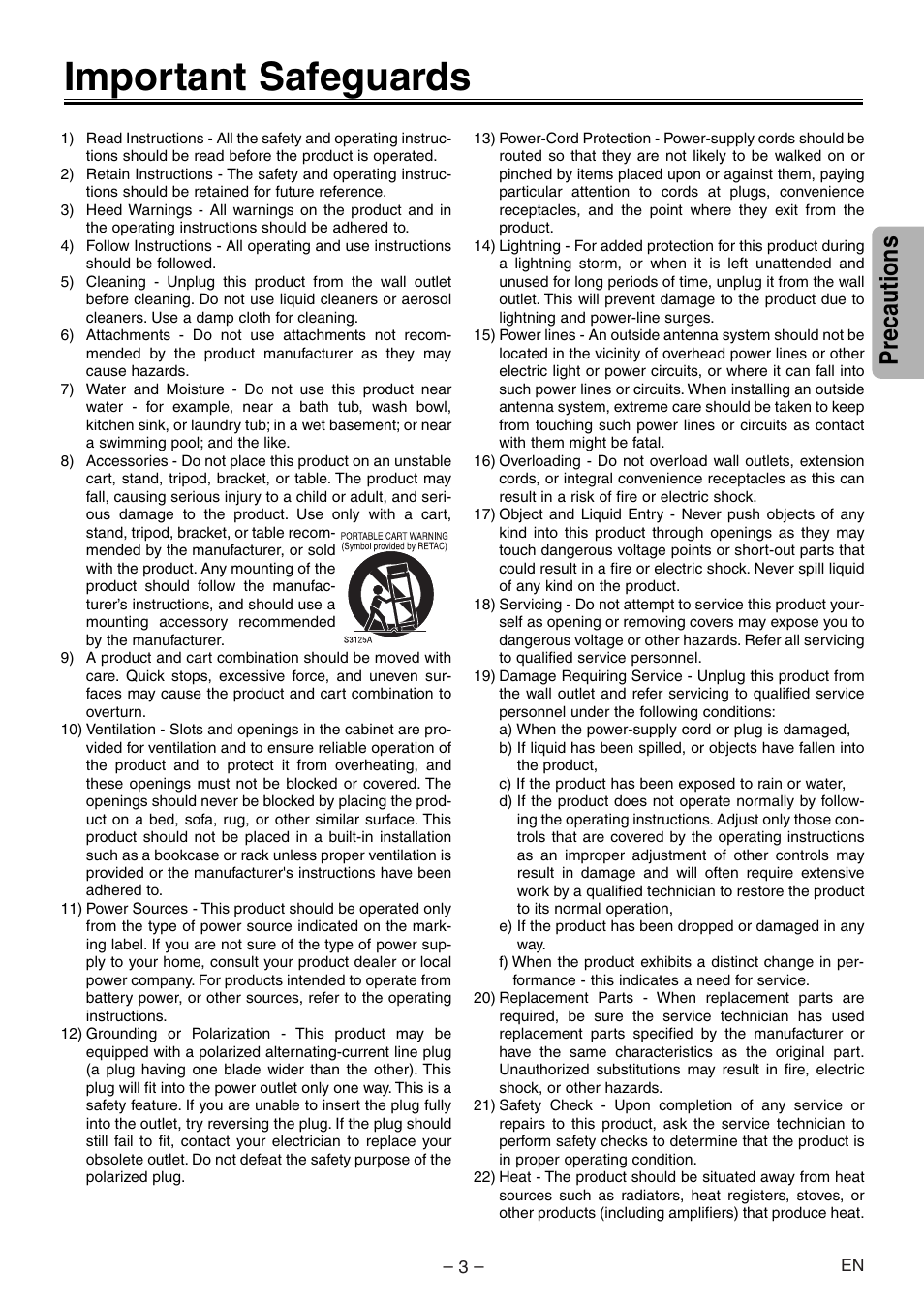 Important safeguards, Precautions | Sylvania DVL100E User Manual | Page 3 / 20