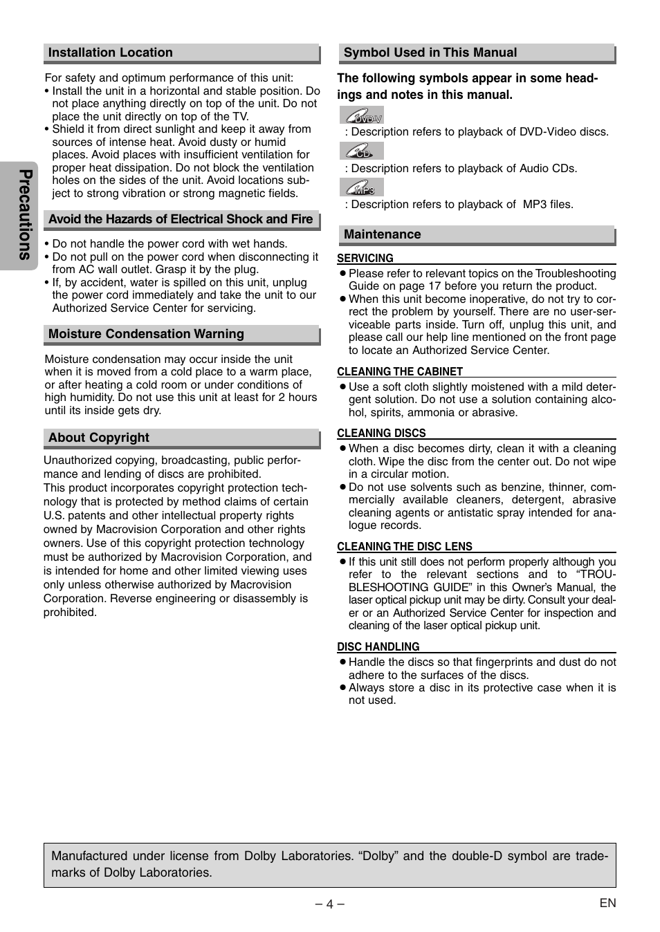 Precautions | Sylvania DVL100E User Manual | Page 4 / 20