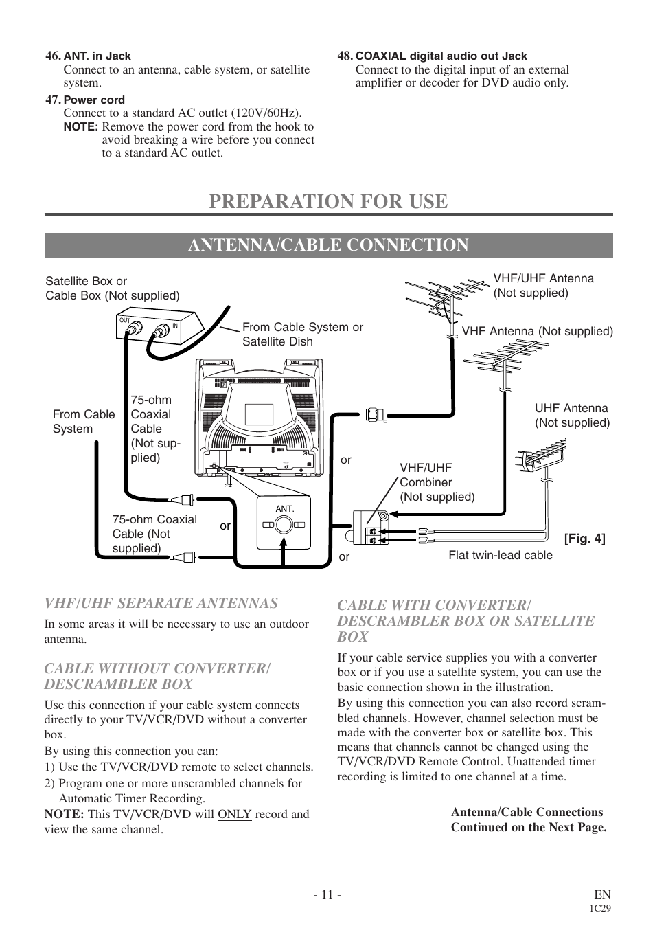 Preparation for use, Antenna/cable connection, Cable without converter/ descrambler box | Vhf/uhf separate antennas | Sylvania 6720FDE User Manual | Page 11 / 56