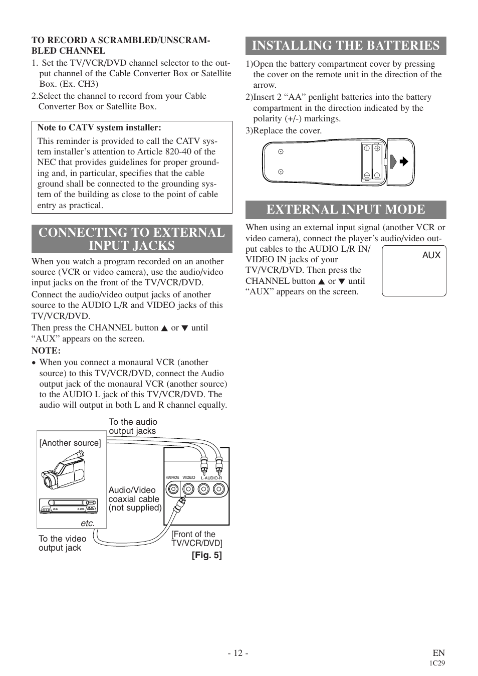 Installing the batteries, External input mode, Connecting to external input jacks | Sylvania 6720FDE User Manual | Page 12 / 56