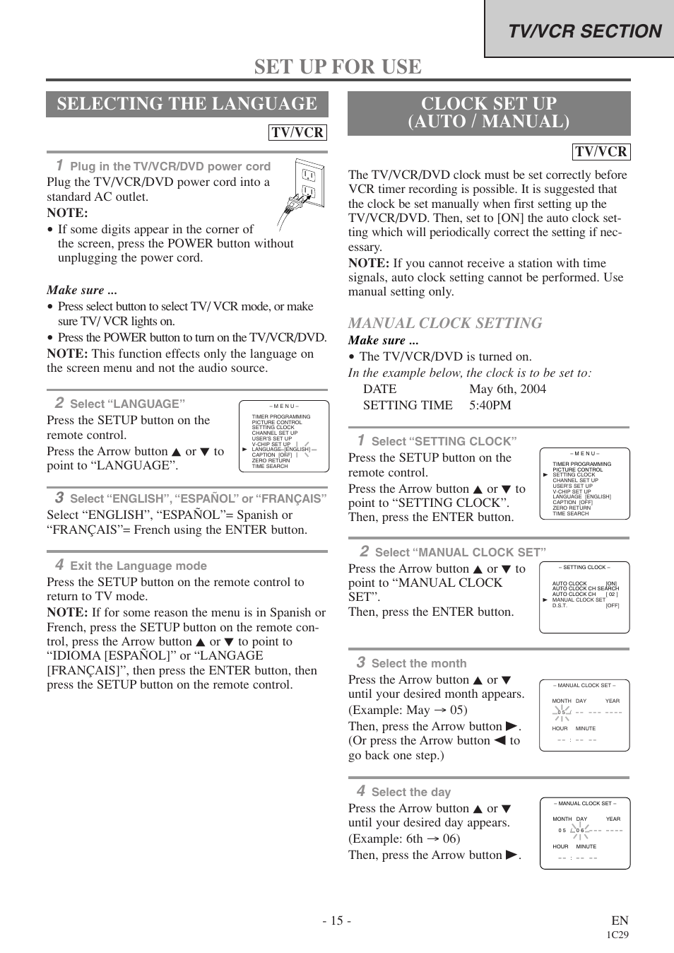 Set up for use, Selecting the language, Clock set up (auto / manual) | Manual clock setting, Tv/vcr | Sylvania 6720FDE User Manual | Page 15 / 56