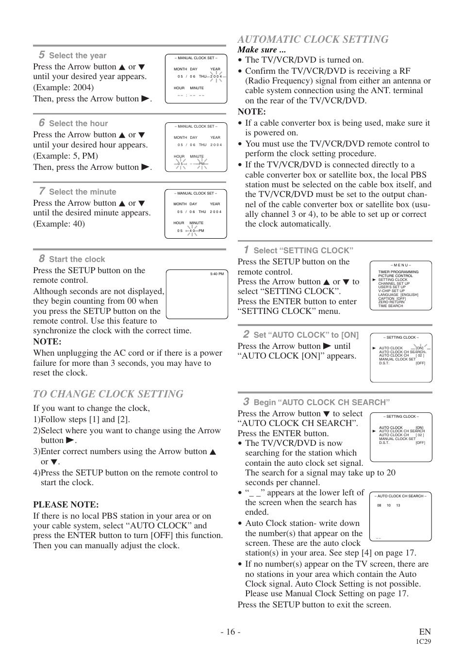 Automatic clock setting, 16 - en, Make sure | The tv/vcr/dvd is turned on | Sylvania 6720FDE User Manual | Page 16 / 56