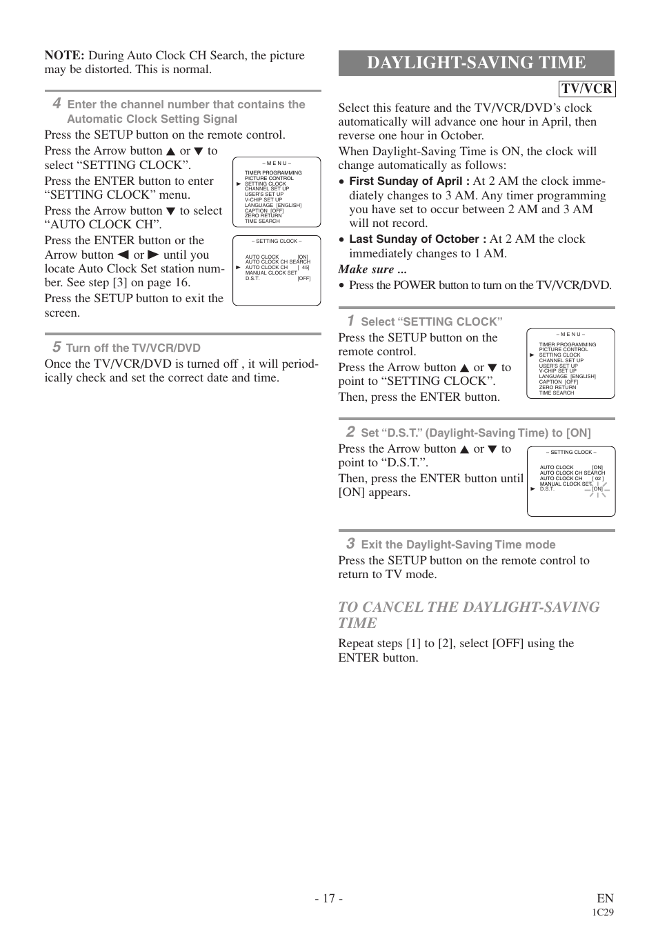 Daylight-saving time, Tv/vcr, 17 - en | Press the power button to turn on the tv/vcr/dvd | Sylvania 6720FDE User Manual | Page 17 / 56