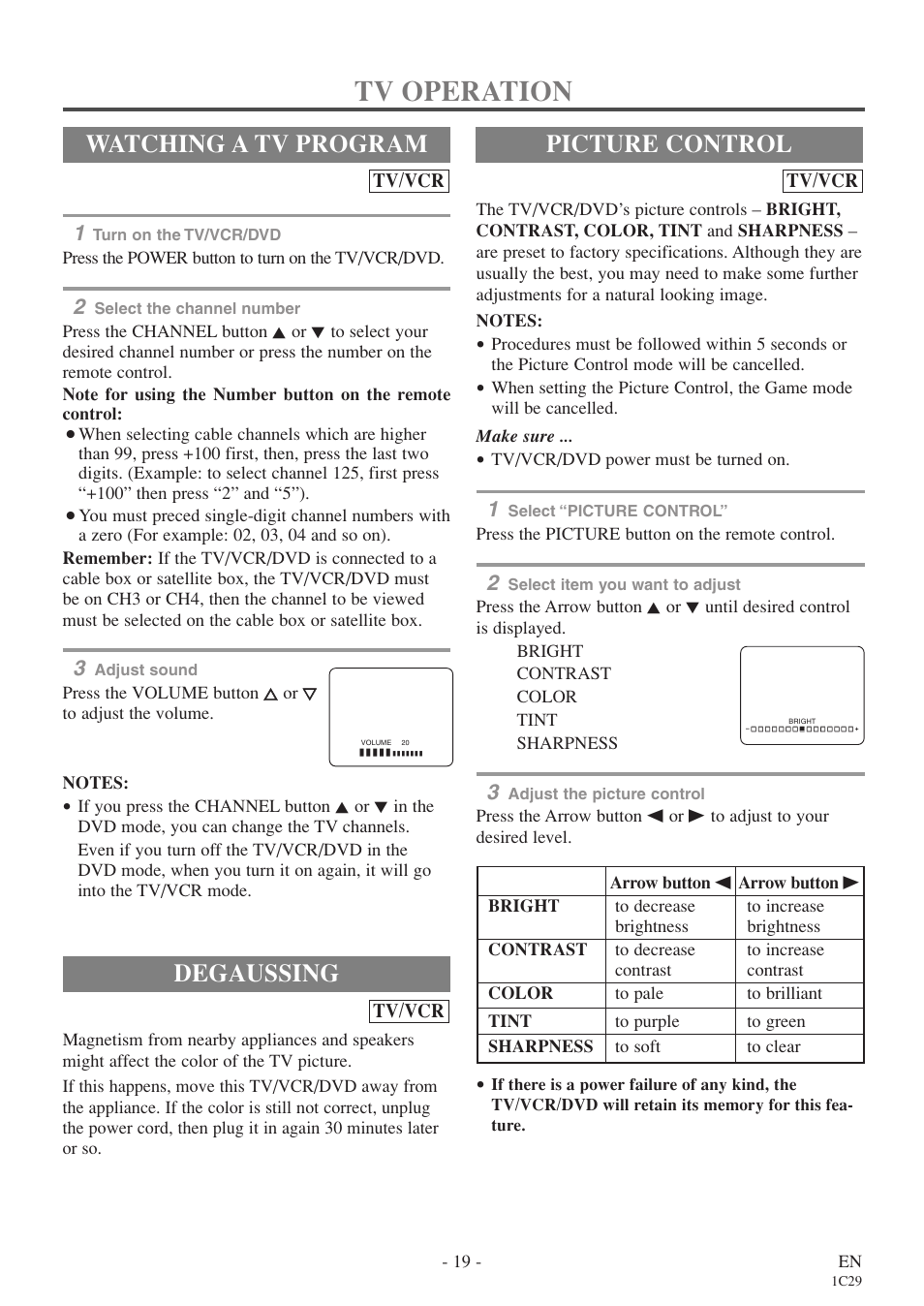 Tv operation, Degaussing, Watching a tv program | Picture control, Tv/vcr | Sylvania 6720FDE User Manual | Page 19 / 56