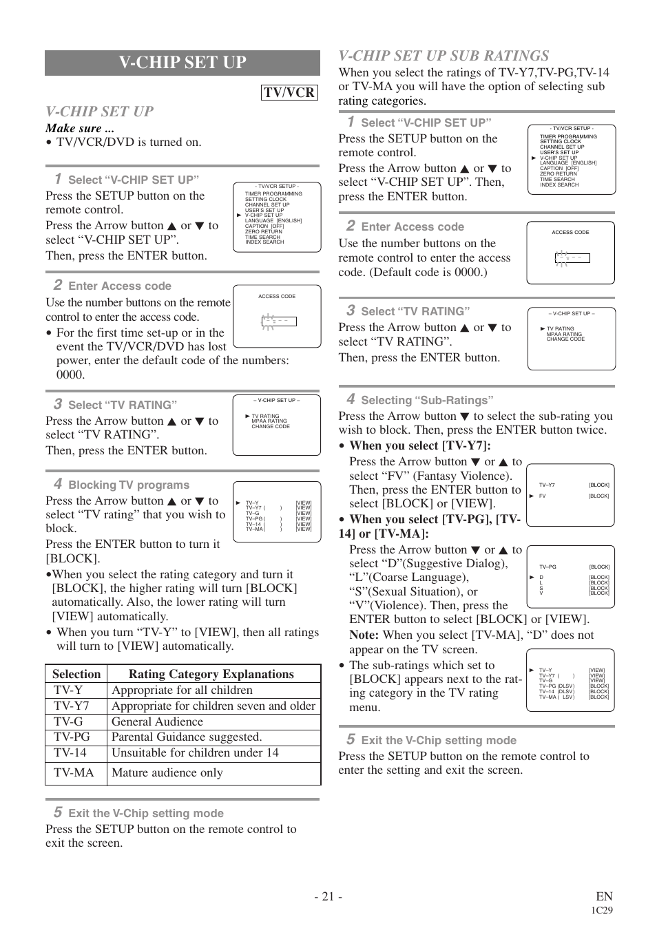 V-chip set up, V-chip set up sub ratings, Tv/vcr | 21 - en, Make sure, Tv/vcr/dvd is turned on | Sylvania 6720FDE User Manual | Page 21 / 56
