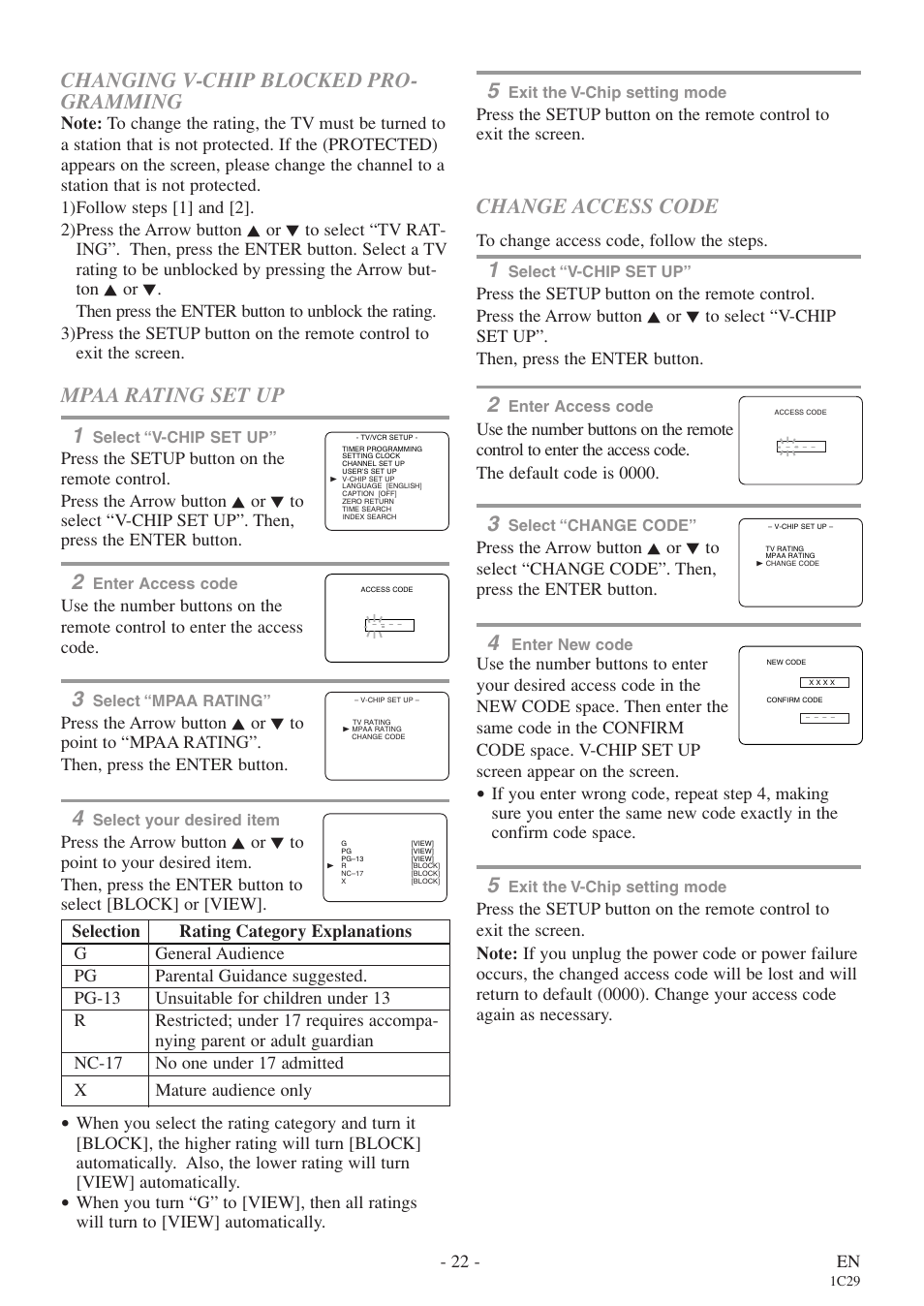 Changing v-chip blocked pro- gramming, Mpaa rating set up 1, Change access code | Sylvania 6720FDE User Manual | Page 22 / 56