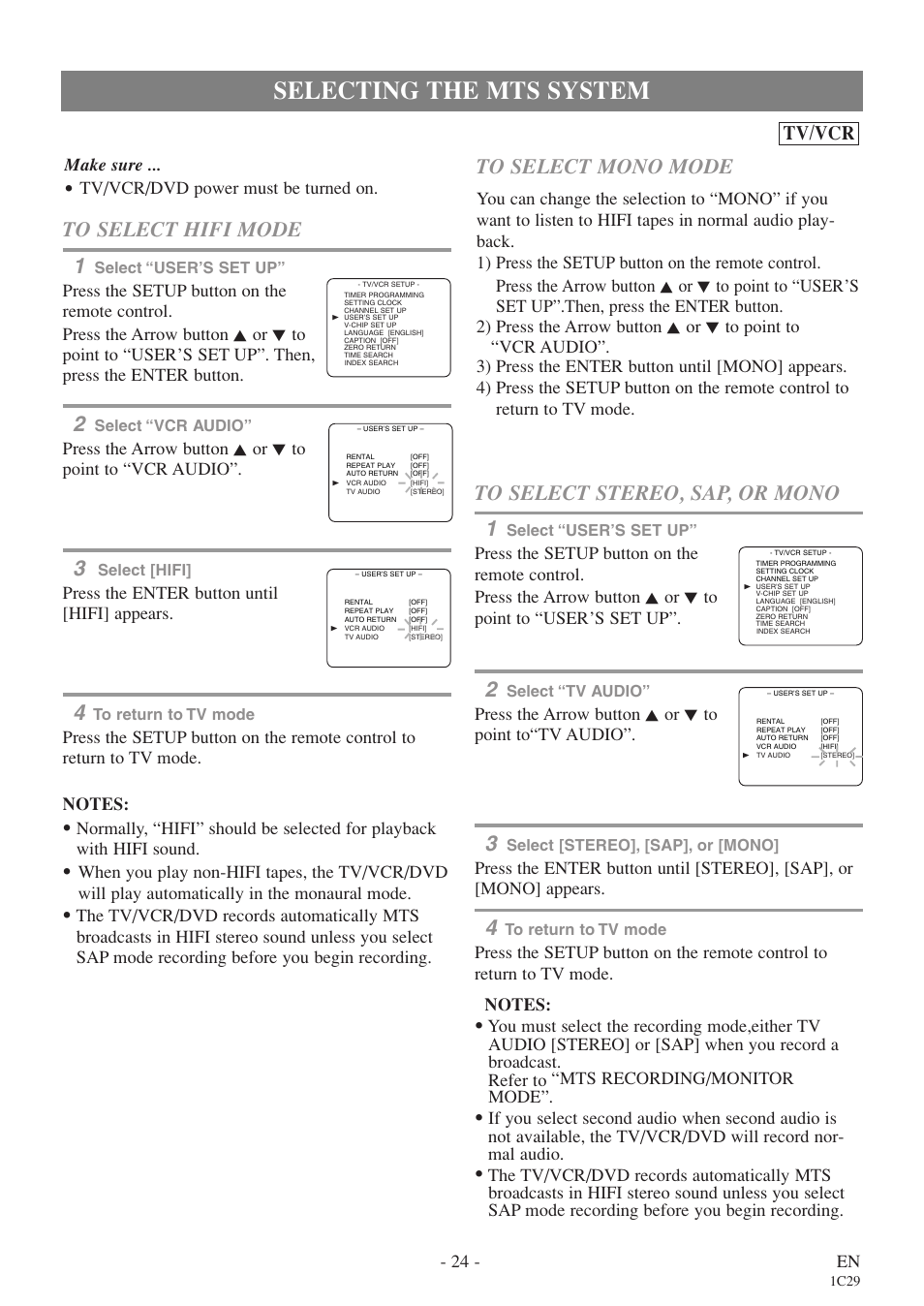 Selecting the mts system, Tv/vcr, 24 - en | Make sure, Tv/vcr/dvd power must be turned on, Press the enter button until [hifi] appears, Press the arrow button k or l to point to“tv audio | Sylvania 6720FDE User Manual | Page 24 / 56
