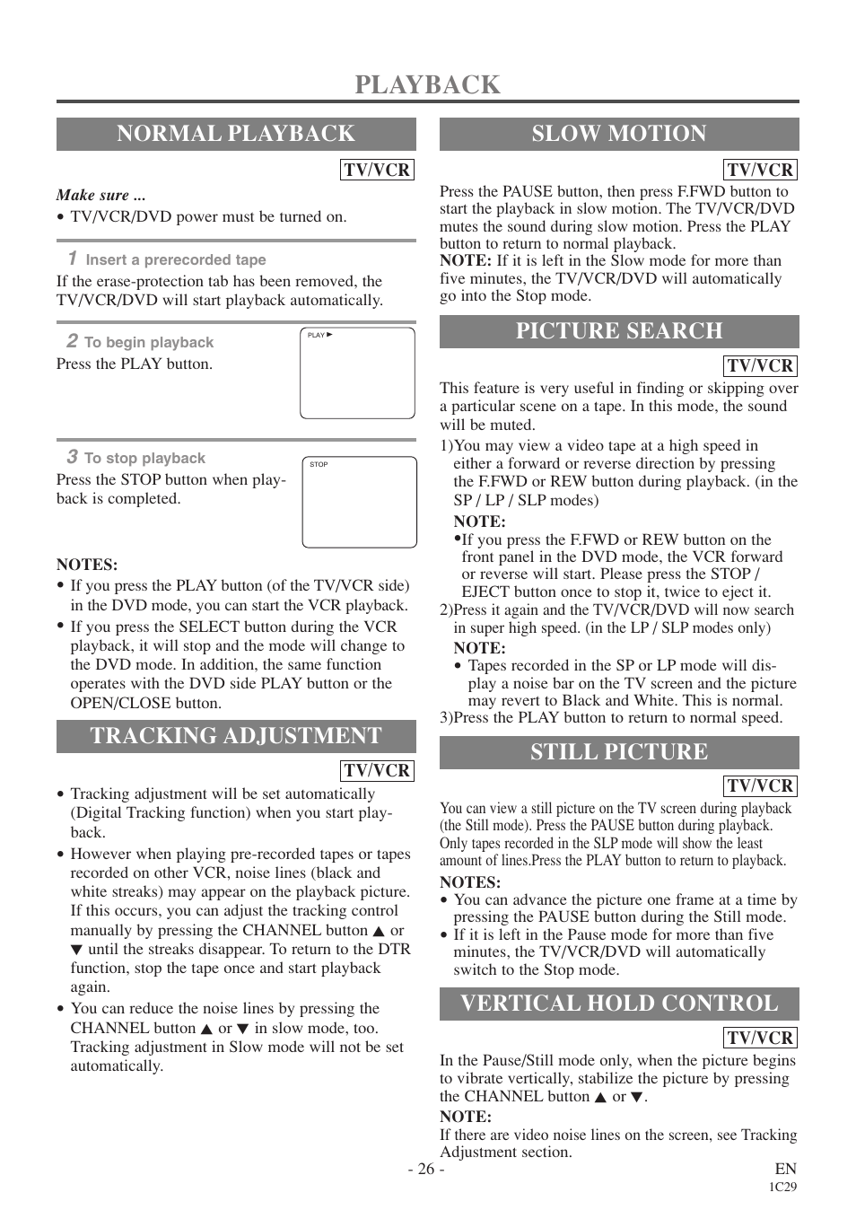 Playback, Normal playback, Tracking adjustment | Picture search, Still picture, Vertical hold control, Slow motion | Sylvania 6720FDE User Manual | Page 26 / 56