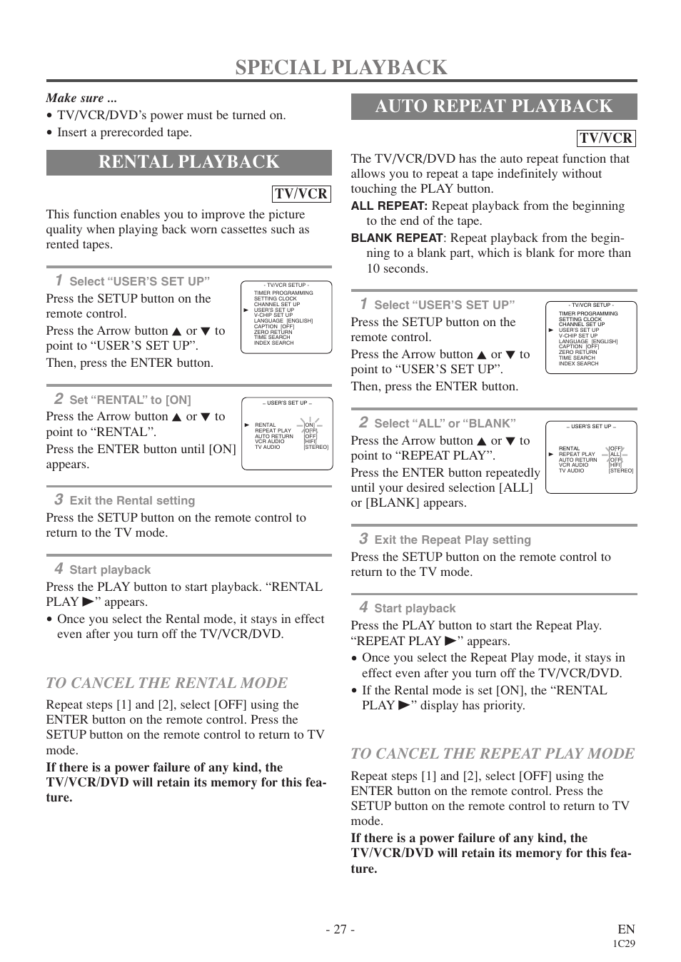 Special playback, Rental playback, Auto repeat playback | Tv/vcr | Sylvania 6720FDE User Manual | Page 27 / 56