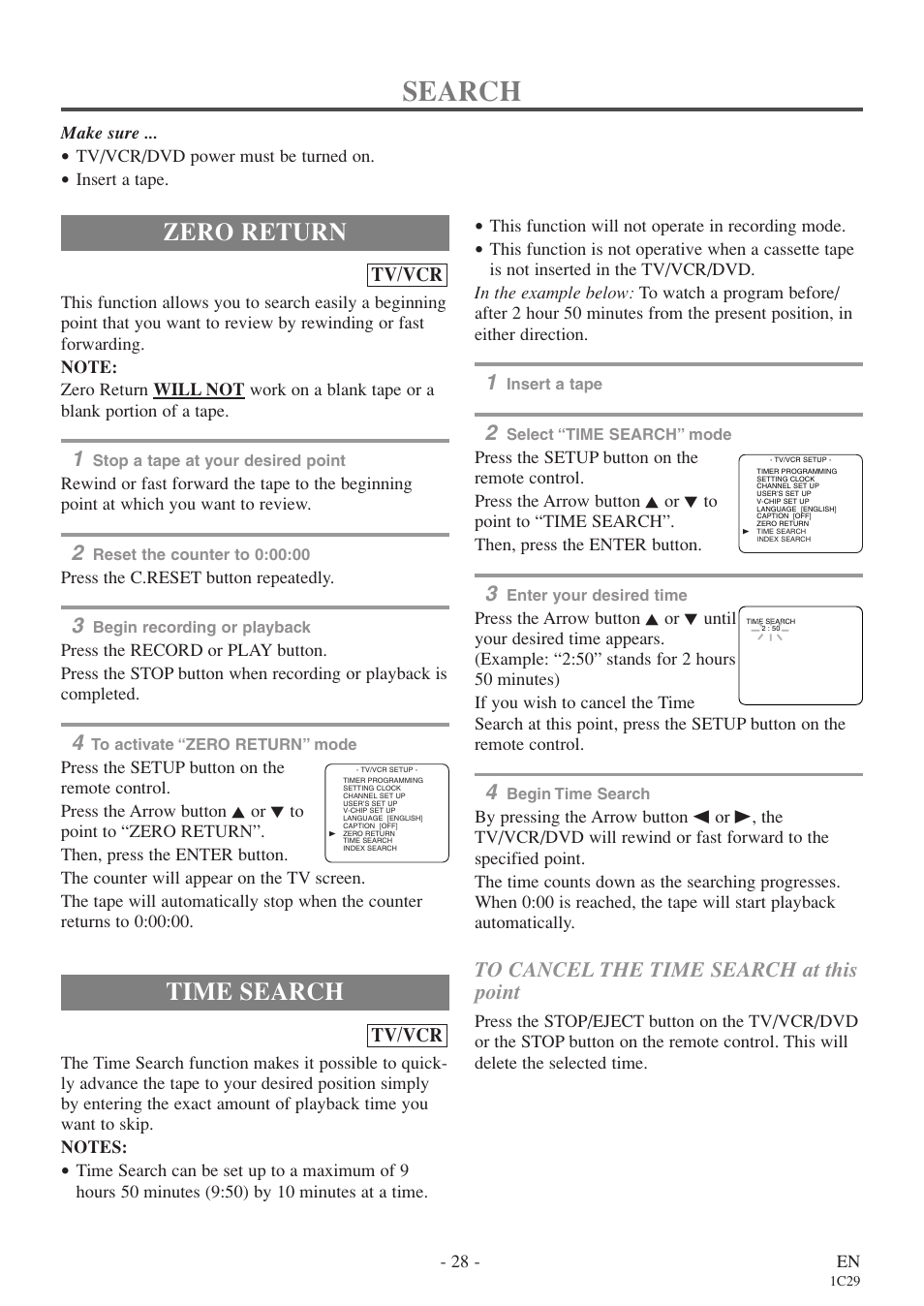 Search, Zero return, Time search | Sylvania 6720FDE User Manual | Page 28 / 56