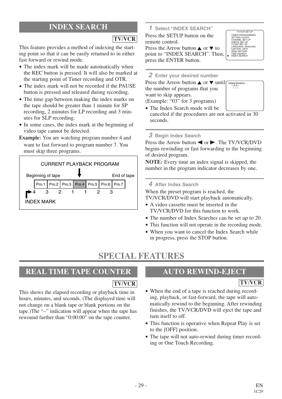 Special features, Index search, Real time tape counter | Auto rewind-eject | Sylvania 6720FDE User Manual | Page 29 / 56